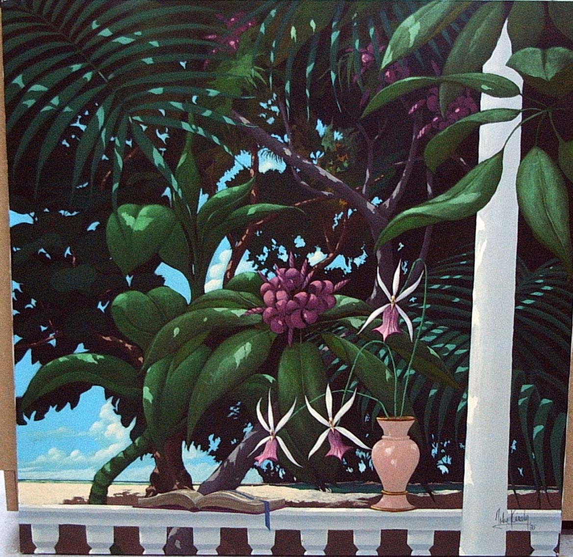 John Kiraly - Balustrade With Tropical Flowers - Original Painting - Acrylic on Canvas