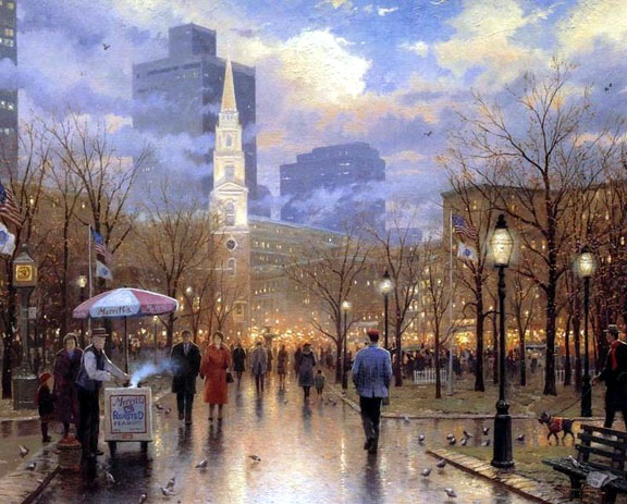 Thomas Kinkade - Boston, An Evening Stroll Through the Common - Limited Edition Offset Lithograph on Canvas