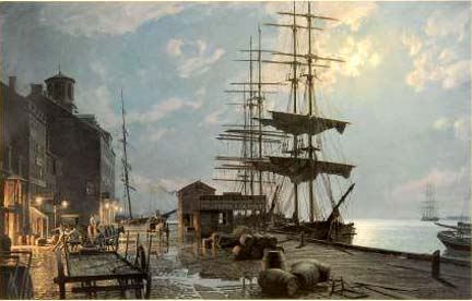 John Stobart - Boston Long Wharf by Moonlights in 1865 - Limited Edition Lithograph