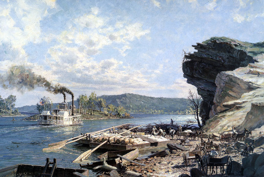 John Stobart - Chattanooga Ross Landing Flatboats on the Tennessee River in 1848 - Limited Edition Lithograph