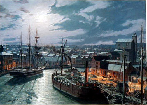 John Stobart - Cleveland West River Street by gaslight in 1873 - Limited Edition Lithograph