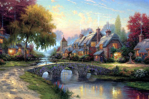 Thomas Kinkade - Cobblestone Bridge Cobblestone Lane IV - Limited Edition Offset Lithograph on Canvas