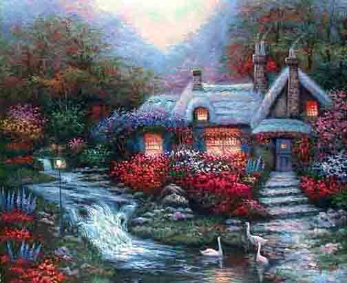 Thomas Kinkade - Evening at Swanbrooke Cottage - Limited Edition Offset Lithograph on Canvas