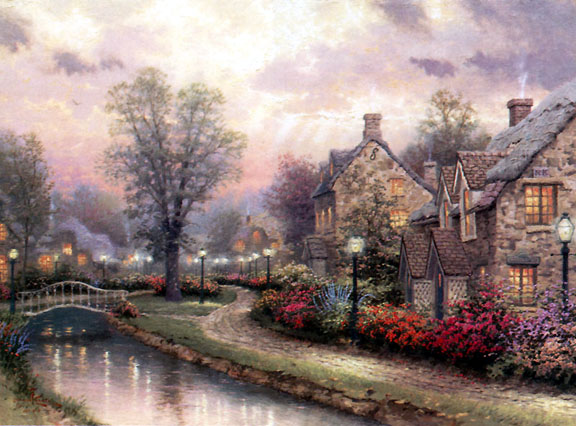 Thomas Kinkade - Lamplight Lane, The Brooke Windermer and Cottage Row at Dusk Lamplight Lane IV - Limited Edition Offset Lithograph on Canvas