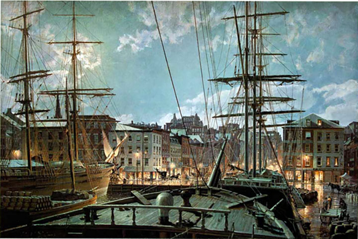 John Stobart - New York Maiden Lane by Gaslight from a Ship at Pier 19 in 1882 - Limited Edition Lithograph