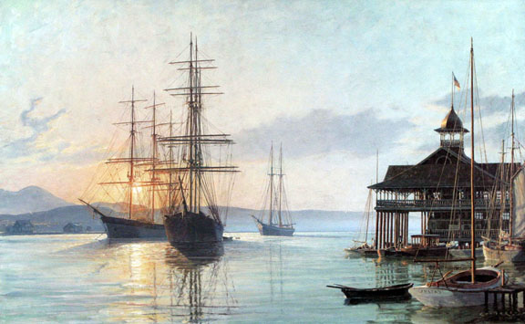 John Stobart - Newport Beach The Pavilion overlooking the Harbor at Sunrise, c. 1910 - Limited Edition Lithograph