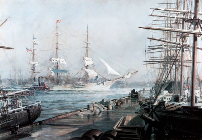John Stobart - New York The Abner Coburn Leaving The East River For San Francisco in 1886 - Limited Edition Lithograph