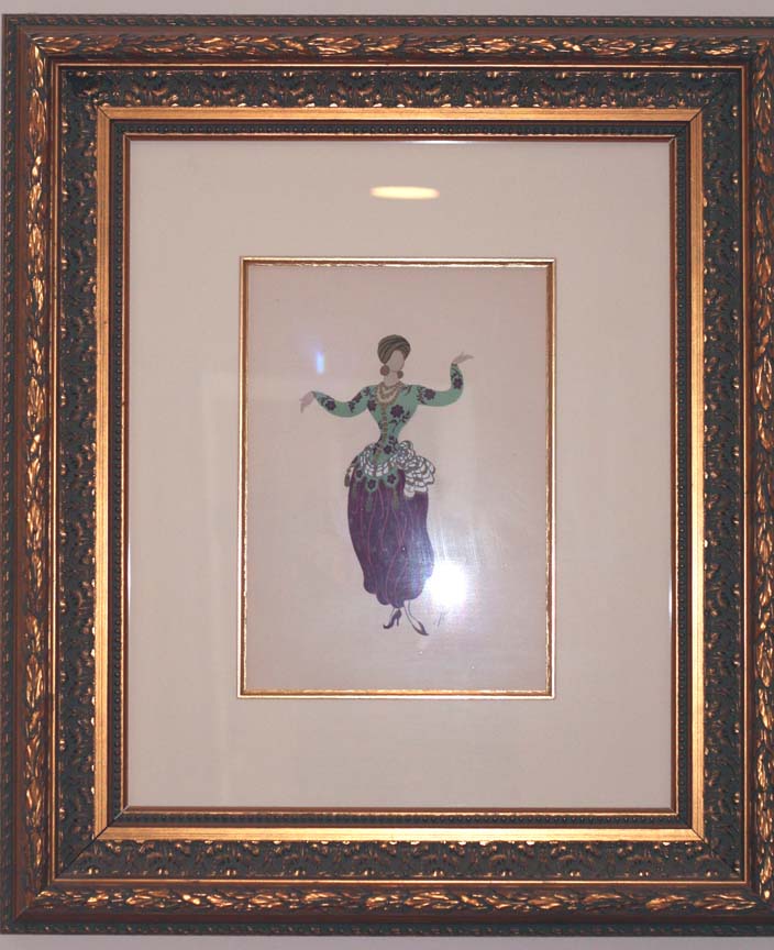  Erte - Opera Dress with Yellow and 
		Blue Bows - Original Painting - Gouache on wove paper signed in ink 