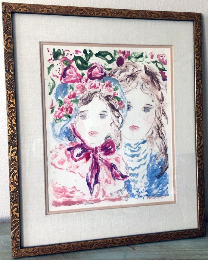 Leslie Sayour - Two Sisters - Original Painting - Drawing Watercolor Gouache