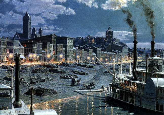 John Stobart - Pittsburgh Water Street by Gaslight in 1899 - Limited Edition Lithograph