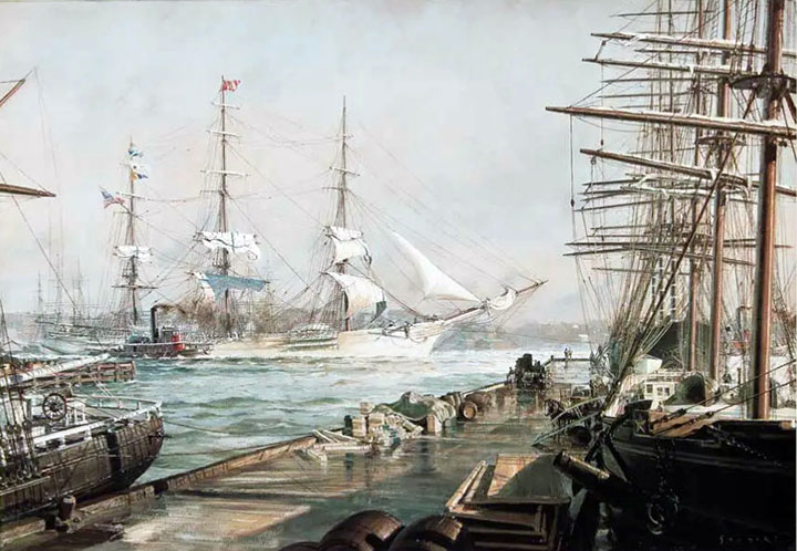 John Stobart - New York The Abner Coburn Leaving The East River For San Francisco In 1886 - Limited Edition Lithograph