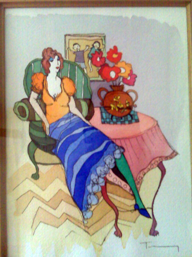 Itzchak Tarkay - Morning Break #1 - Original Painting - Mixed Media / Watercolor / Drawing / on wove paper