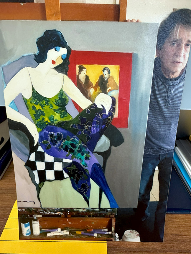 Itzchak Tarkay - Sitting on a Checkerboard Chair - Original Painting - Acrylic on Canvas