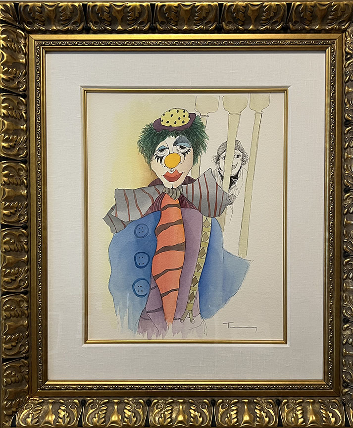 Itzchak Tarkay - Tragic Clown - Original Painting - Mixed Media with watercolor and drawing on Wove Paper