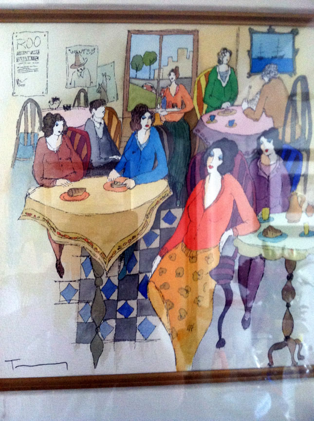 Itzchak Tarkay - Cafe Conversation - Original Painting - Mixed Media / Watercolor / Drawing / on wove paper