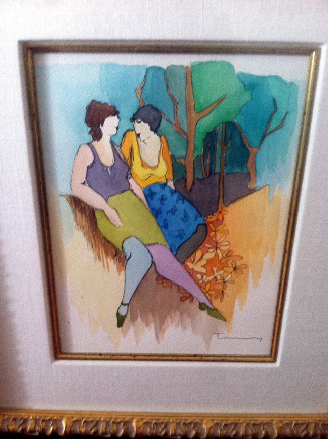 Itzchak Tarkay - Parkside Chat - Original Painting - Mixed Media / Watercolor / Drawing / on wove paper