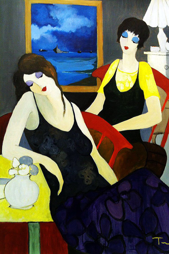 Itzchak Tarkay - Sitting on a Checkerboard Chair - Original Painting - Acrylic on Canvas
