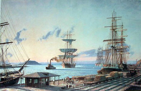 John Stobart - San Francisco The Bark Vidette towing into Port at Sunrise in 1890 - Limited Edition Lithograph