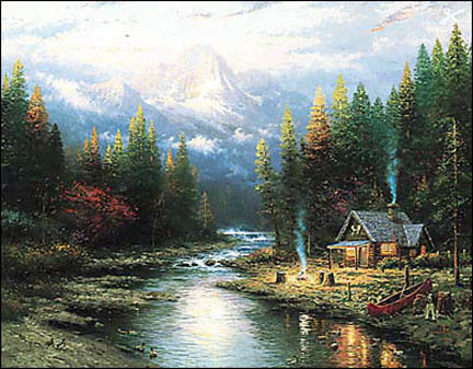 Thomas Kinkade - The End of a Perfect Day II A Quiet Evening at River Lodge - Limited Edition Offset Lithograph on Canvas