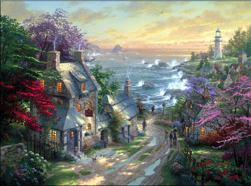 Thomas Kinkade - The Village Lighthouse Seaside Village I - Limited Edition Offset Lithograph on Canvas