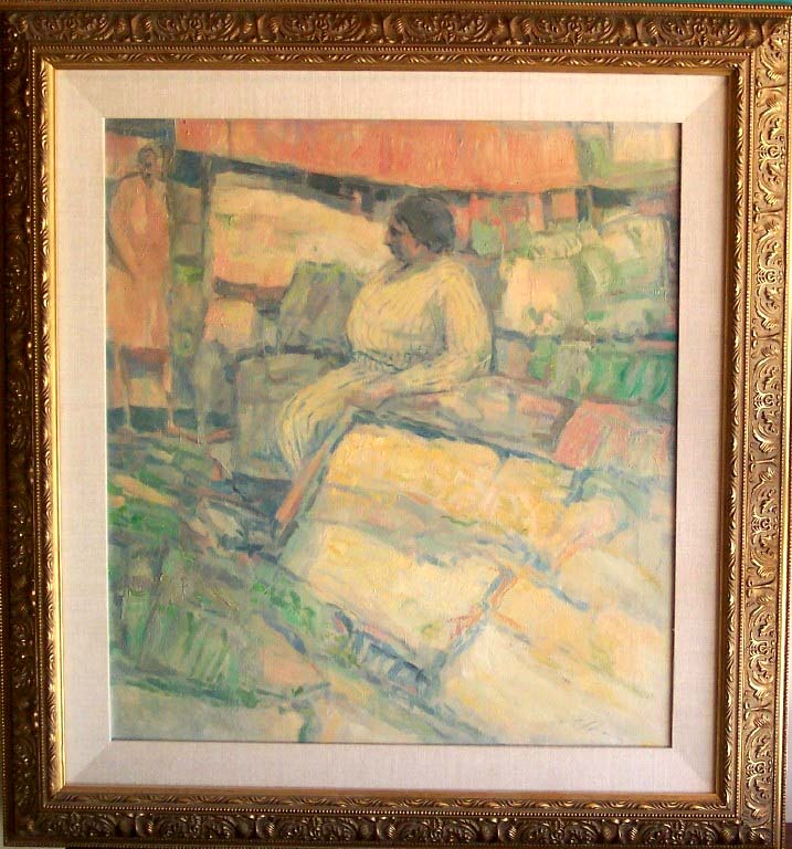 Harold Altman - Woman in Striped Dress - Original Painting - Oil on Canvas